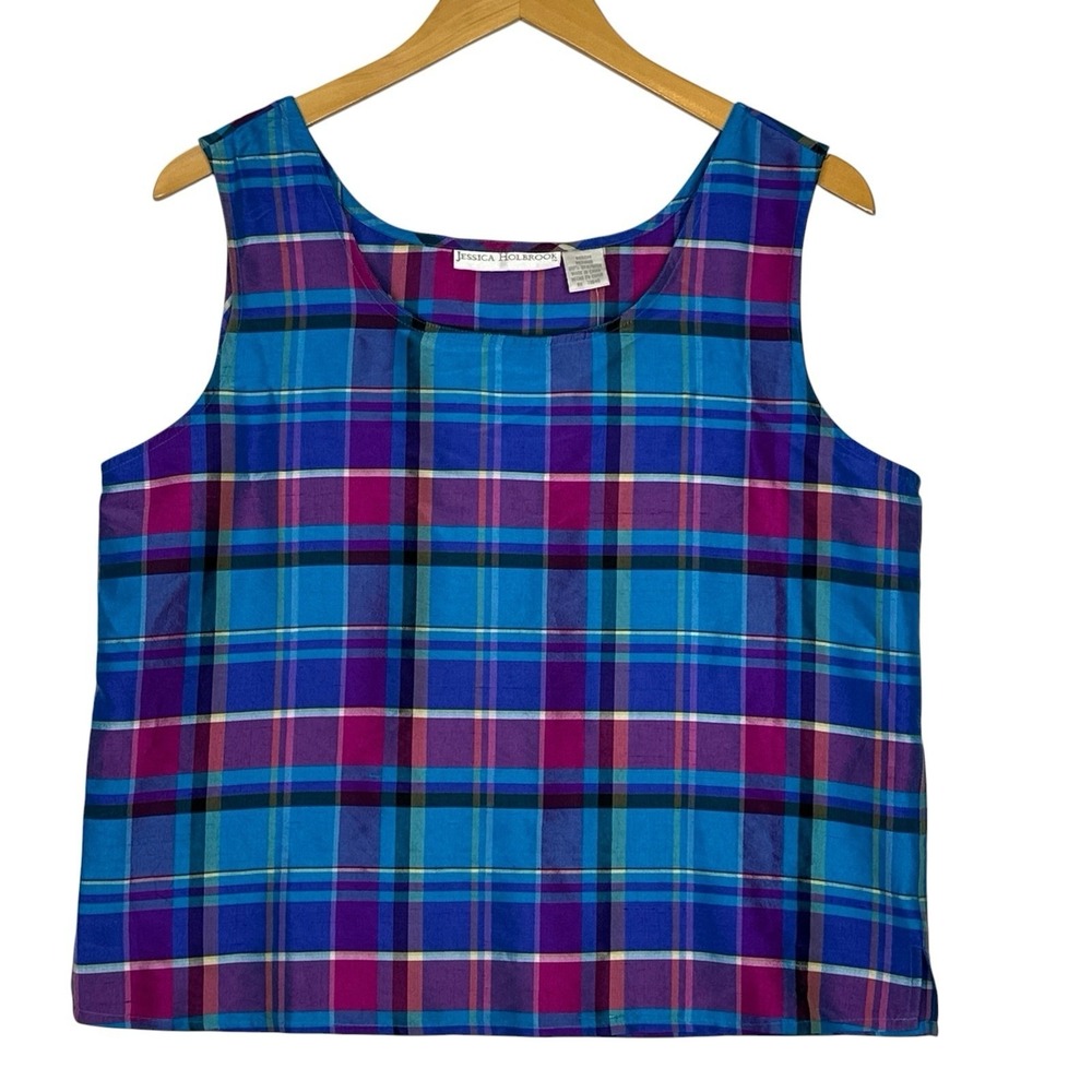 NWT Jessica Holbrook 100% Silk Plaid Tank Top Women's M Blue‎ Pink Sleeveless